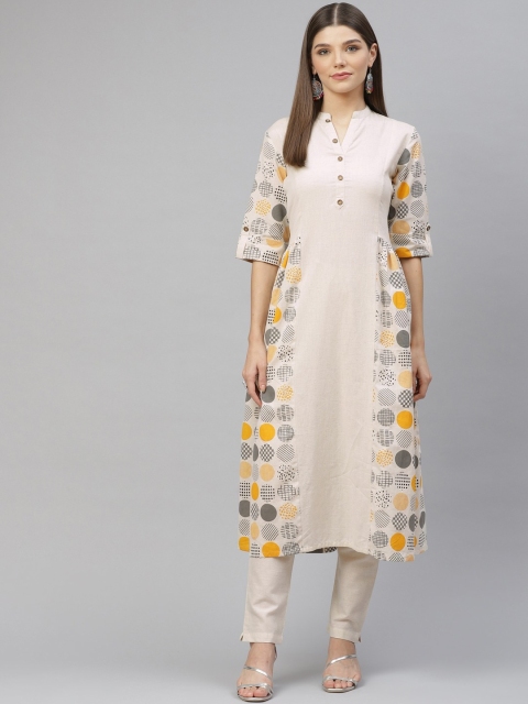 

Tulsattva Women Off White Floral Printed Pure Cotton Kurta with Trousers