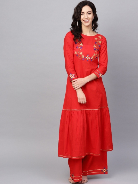 

Tulsattva Women Red Yoke Design Pure Cotton Kurta with Palazzos