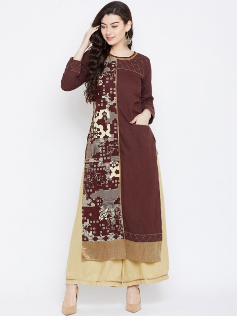 

Tulsattva Women Coffee Brown Printed Panelled Pure Cotton Kurta with Palazzos