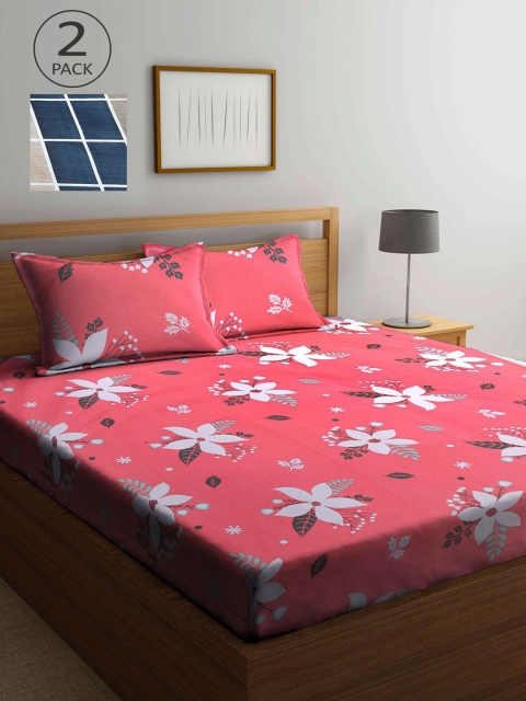 

KLOTTHE Pack of 2 Pink & Blue Floral 210 TC 2 King Bedsheet with 4 Pillow Covers
