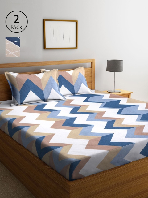 

KLOTTHE Pack of 2 Blue Geometric 210 TC 2 King Bedsheet with 4 Pillow Covers