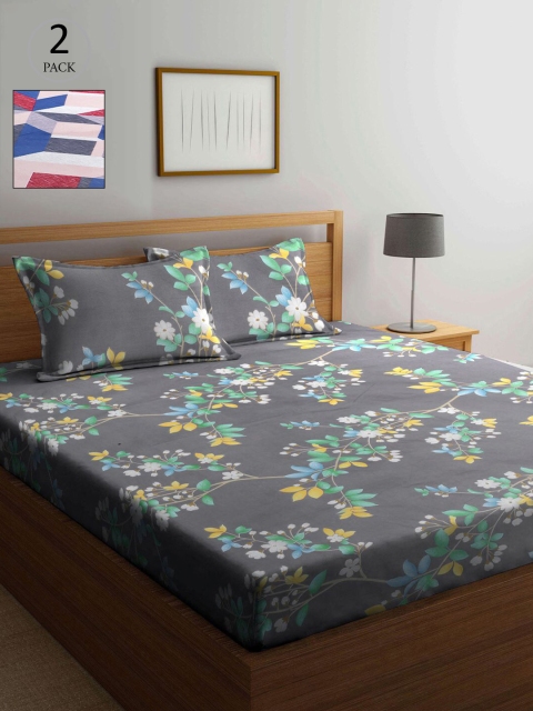 

KLOTTHE Pack of 2 Grey & Blue Floral 210 TC 2 King Bedsheet with 4 Pillow Covers