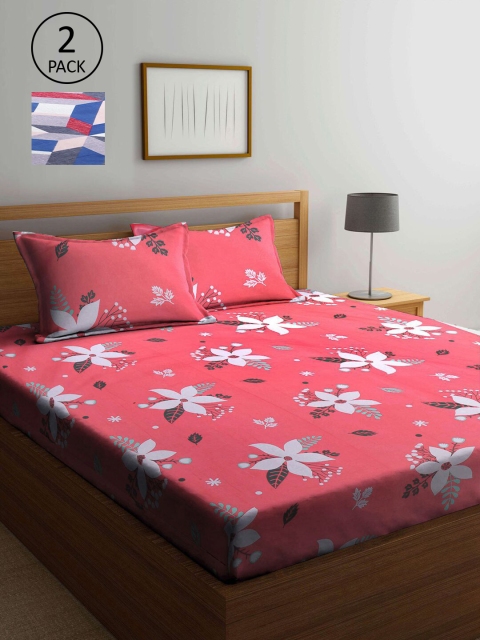 

KLOTTHE Pack of 2 Pink & Blue Floral 210 TC 2 King Bedsheet with 4 Pillow Covers