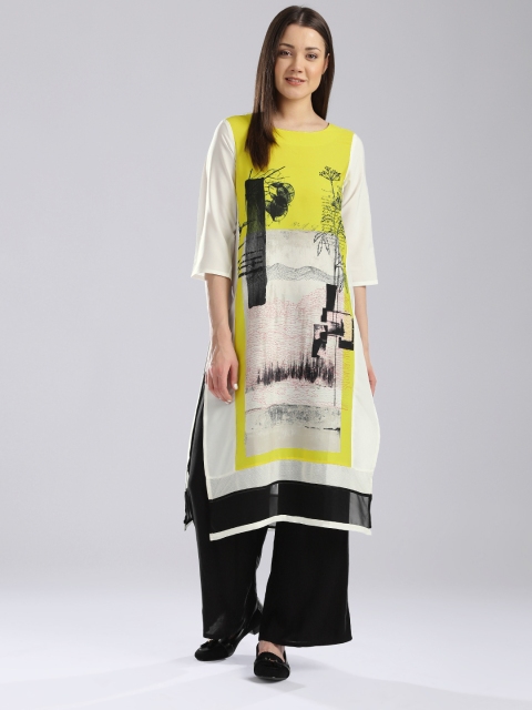 

W Women Off-White & Yellow Printed Straight Kurta
