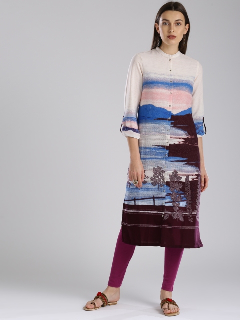 

W Women Burgundy & Off-White Printed Straight Kurta