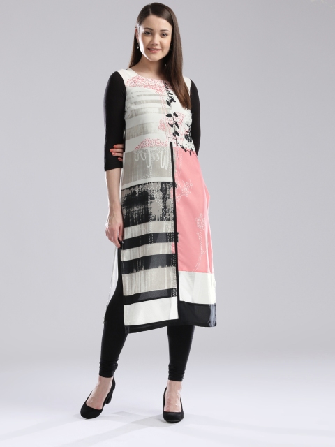 

W Women White & Black Printed Straight Kurta
