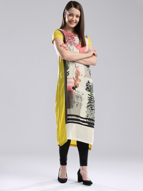 

W Women White & Yellow Printed Straight Kurta