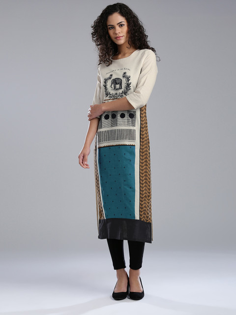 

W Women Cream-Coloured & Teal Blue Quirky Printed Straight Kurta