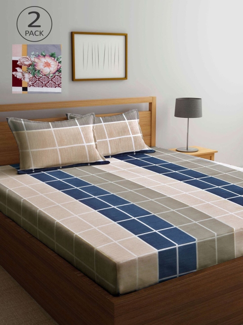 

KLOTTHE Beige & Blue Geometric 210 TC 2 King Bedsheet with 4 Pillow Covers