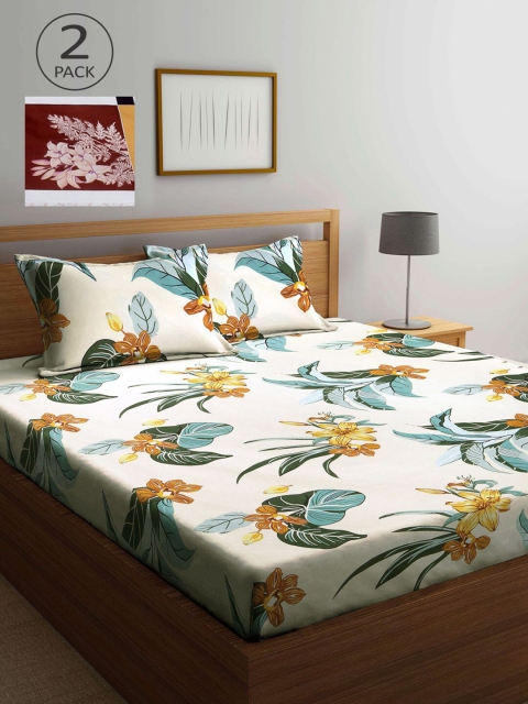 

KLOTTHE Cream-Coloured & Brown Floral 210 TC 2 King Bedsheet with 4 Pillow Covers