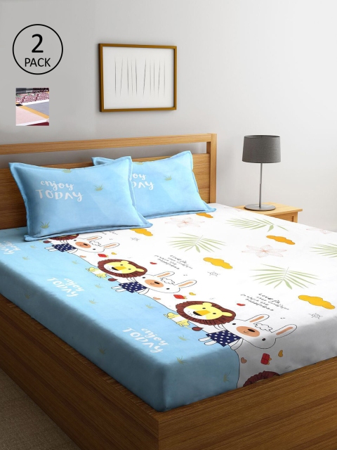 

KLOTTHE White & Blue Cartoon Characters 210 TC 2 King Bedsheet with 4 Pillow Covers