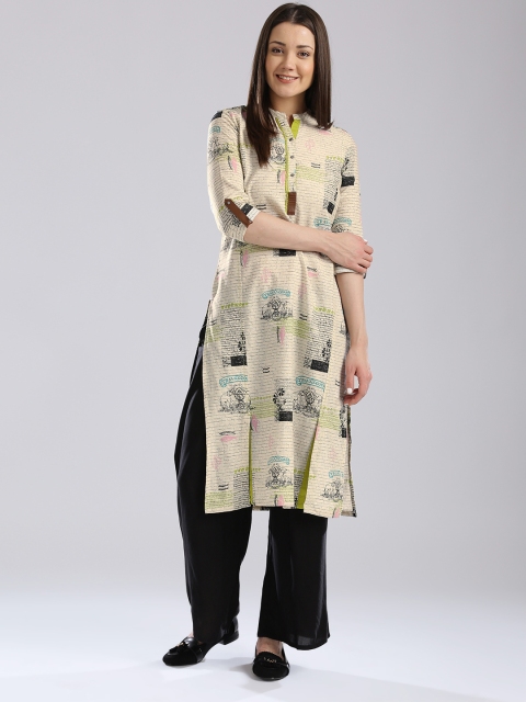 

W Women Beige & Grey Quirky Printed Straight Kurta, Off white