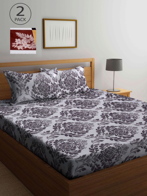 

KLOTTHE Grey & Black Floral 210 TC 2 King Bedsheet with 4 Pillow Covers