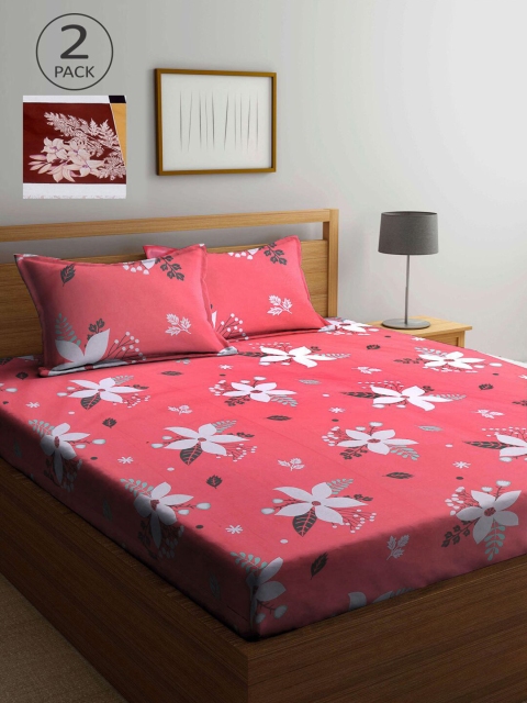 

KLOTTHE Pink & Brown Floral 210 TC 2 King Bedsheet with 4 Pillow Covers