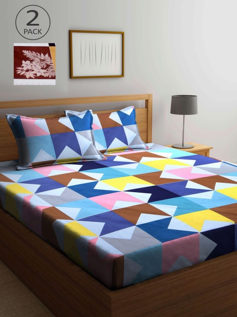 

KLOTTHE Blue & Brown Geometric 210 TC 2 King Bedsheet with 4 Pillow Covers