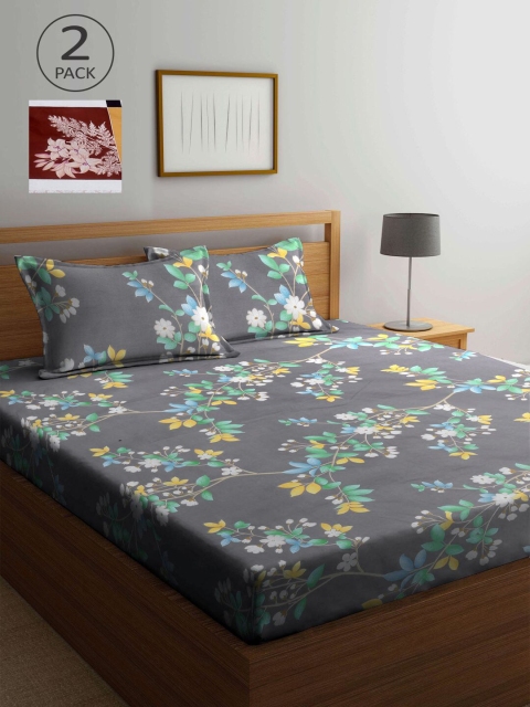 

KLOTTHE Grey & Green Floral 210 TC 2 King Bedsheet with 4 Pillow Covers