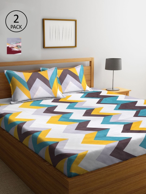 

KLOTTHE White & Yellow Geometric 210 TC 2 King Bedsheet with 3 Pillow Covers