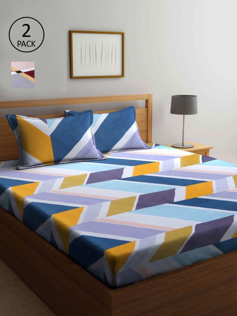 

KLOTTHE Blue & Yellow Geometric 210 TC 2 King Bedsheet with 4 Pillow Covers