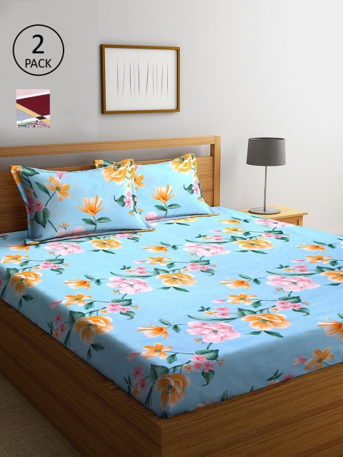 

KLOTTHE Blue & Maroon Floral 210 TC 2 King Bedsheet with 4 Pillow Covers