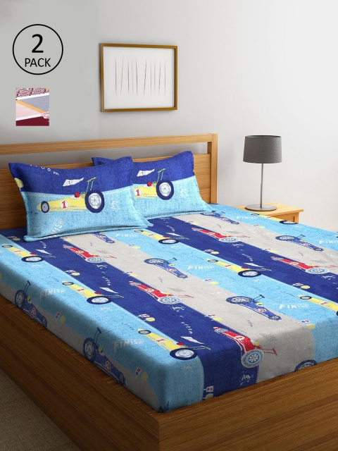 

KLOTTHE Blue & White Cartoon Characters 210 TC 2 King Bedsheet with 4 Pillow Covers