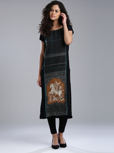 

W Women Black & Grey Printed Straight Kurta