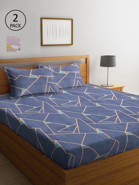 

KLOTTHE Blue & Purple Geometric 210 TC 2 King Bedsheet with 4 Pillow Covers