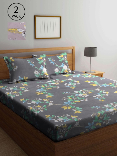

KLOTTHE Grey & Purple Floral 210 TC 2 King Bedsheet with 4 Pillow Covers