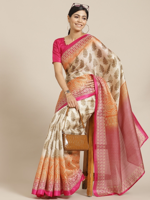 

SIRIL Off White & Pink Ethnic Motifs Zari Art Silk Khadi Saree