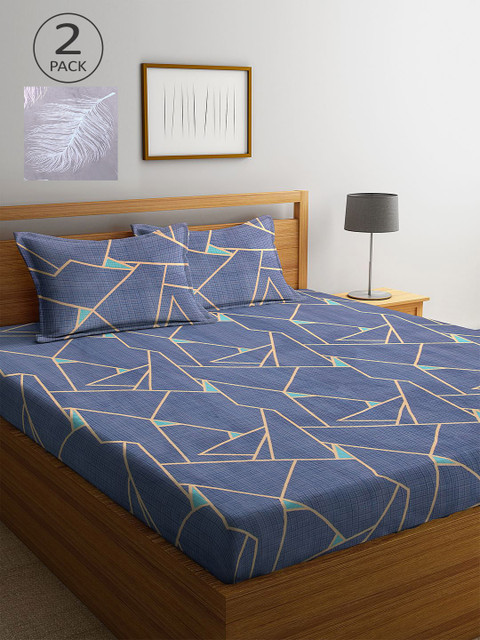 

KLOTTHE Blue & Grey Geometric 210 TC 2 King Bedsheet with 4 Pillow Covers