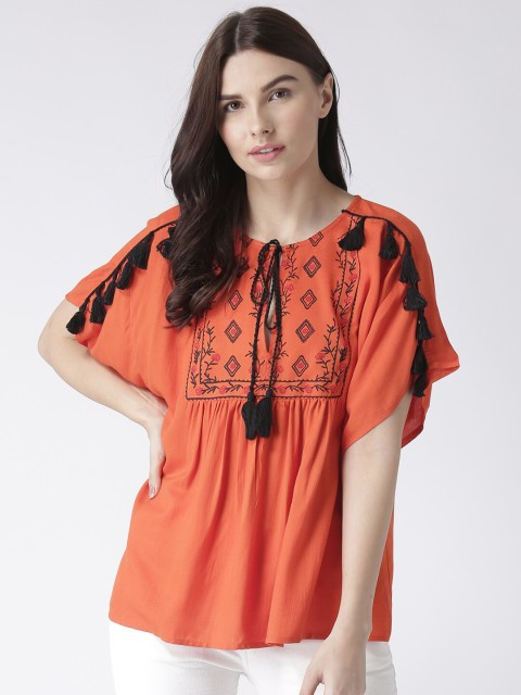 

The Vanca Women Orange Geometric Print Tie-Up Neck Top