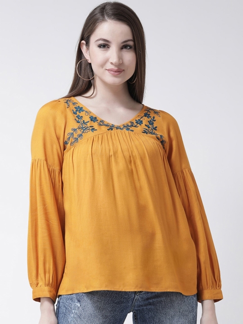 

The Vanca Women Mustard Yellow Floral Embroidered Top