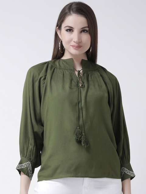 

The Vanca Women Olive Green Tie-Up Neck Top