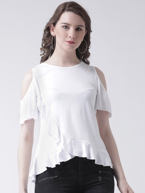 

The Vanca Women White Solid Cold Shoulder Sleeves Top