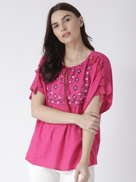 

The Vanca Women Fuchsia & White Embroidered Tie-Up Neck Kaftan Top