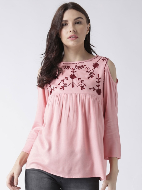 

The Vanca Women Pink Floral Embroidered Cold Shoulder Top