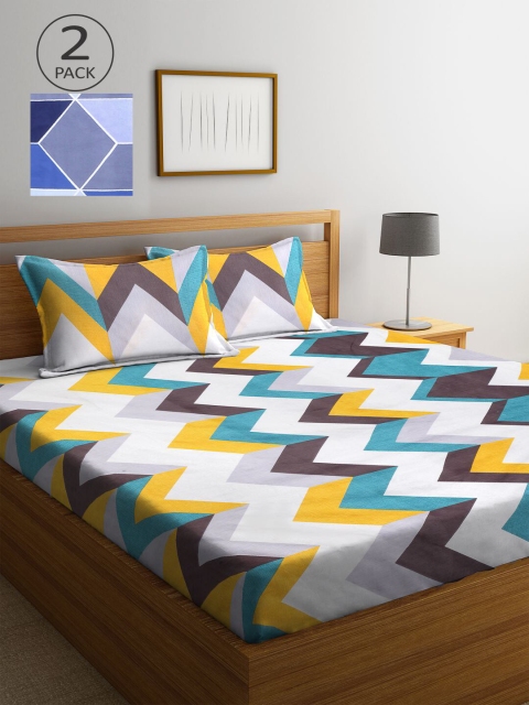 

KLOTTHE White & Yellow Geometric 210 TC 2 King Bedsheet with 4 Pillow Covers