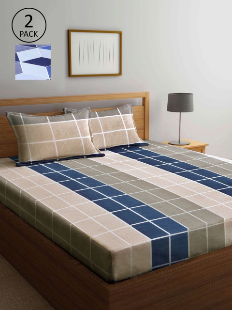 

KLOTTHE Beige & Blue Geometric 210 TC 2 King Bedsheet with 4 Pillow Covers