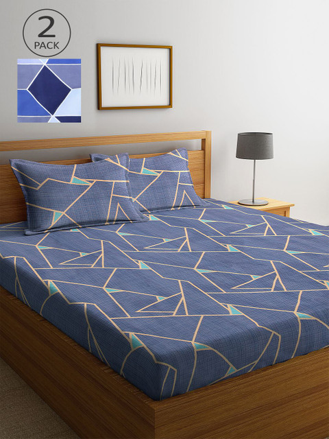

KLOTTHE Blue Geometric 210 TC 2 King Bedsheet with 4 Pillow Covers