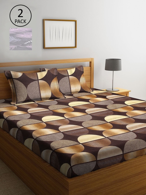

KLOTTHE Brown & Blue Geometric 210 TC 2 King Bedsheet with 4 Pillow Covers