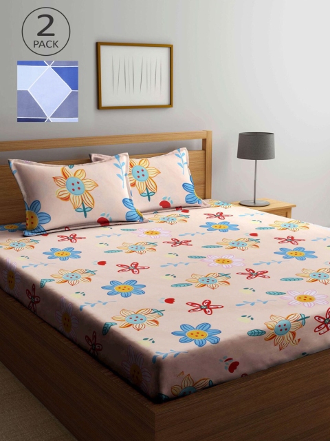 

KLOTTHE Peach-Coloured & Blue Floral 210 TC 2 King Bedsheet with 4 Pillow Covers