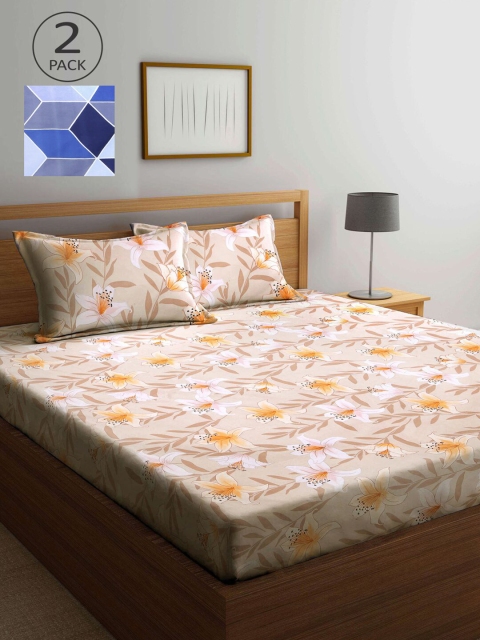 

KLOTTHE Blue & Beige Floral 210 TC 2 King Bedsheet with 4 Pillow Covers