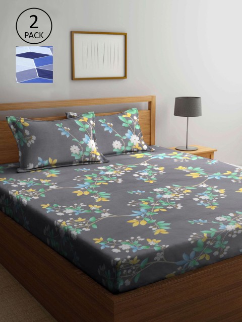 

KLOTTHE Grey & Blue Floral 210 TC 2 King Bedsheet with 4 Pillow Covers