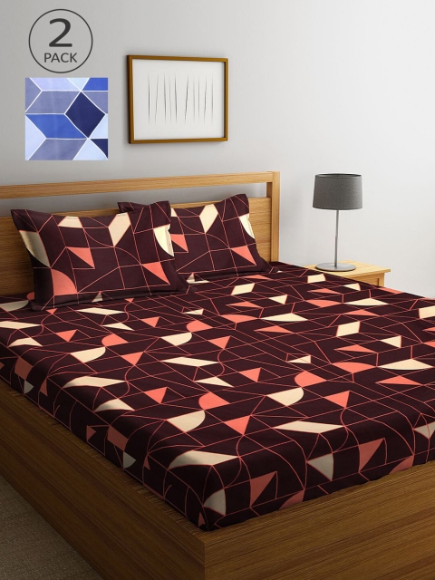 

KLOTTHE Blue & Brown Geometric 210 TC 2 King Bedsheet with 4 Pillow Covers