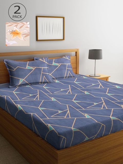 

KLOTTHE Blue & Beige Geometric 210 TC 2 King Bedsheet with 4 Pillow Covers