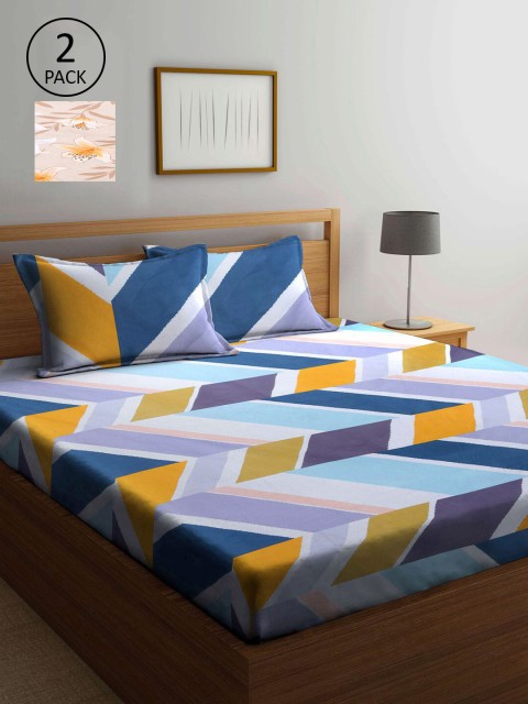 

KLOTTHE Blue & Yellow Geometric 210 TC 2 King Bedsheet with 4 Pillow Covers