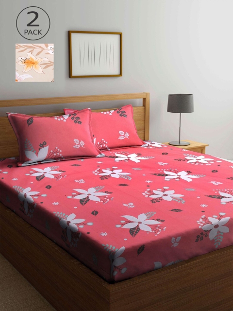 

KLOTTHE Pink & Beige Floral 210 TC 2 King Bedsheet with 4 Pillow Covers