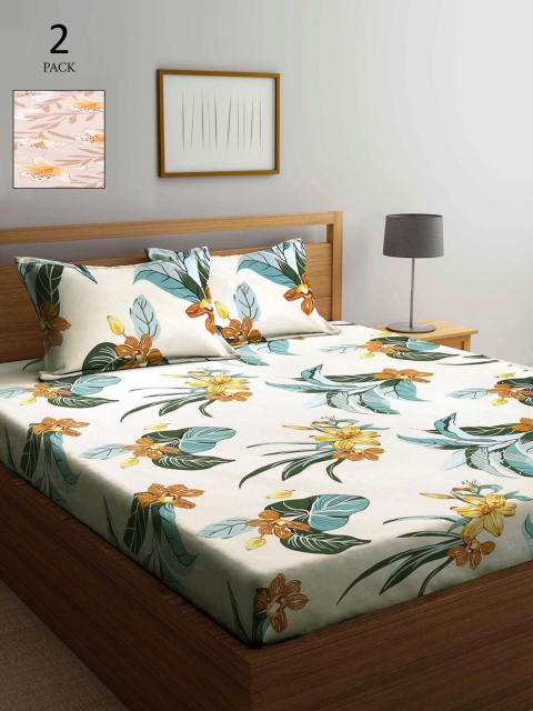 

KLOTTHE Cream-Coloured & Beige Floral 210 TC 2 King Bedsheet with 4 Pillow Covers