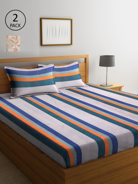 

KLOTTHE Off White & Blue Striped 210 TC 2 King Bedsheet with 4 Pillow Covers