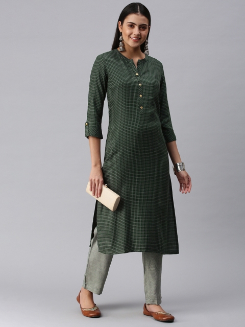 

ETIQUETTE Women Green & White Checked Kurta with Trousers