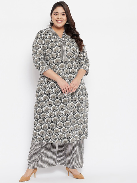 

Tissu Women Cream-Coloured Ethnic Motifs Printed Plus Size Pure Cotton Kurta with Palazzos